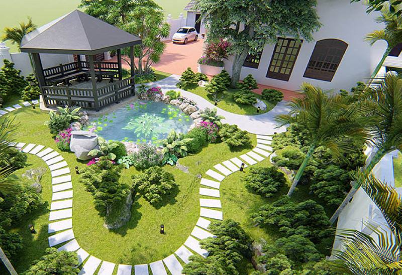 Thi Công Vườn Nhiệt Đới – Khi Mảng Xanh Không Chỉ Để Nhìn Mà Để Sống Cùng 4 Thi công vườn nhiệt đới với hồ cá, chòi nghỉ và lối đi lát đá trong sân vườn biệt thự.