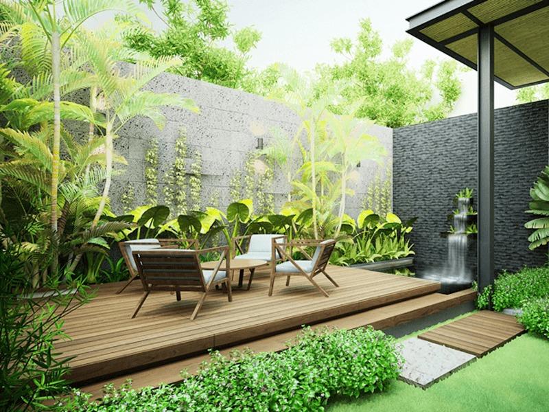 Thi Công Cảnh Quan Mất Bao Lâu? Hiểu Để Chủ Động Kế Hoạch 3 Không gian sân vườn biệt thự hiện đại với bàn trà gỗ, thác nước và cây xanh