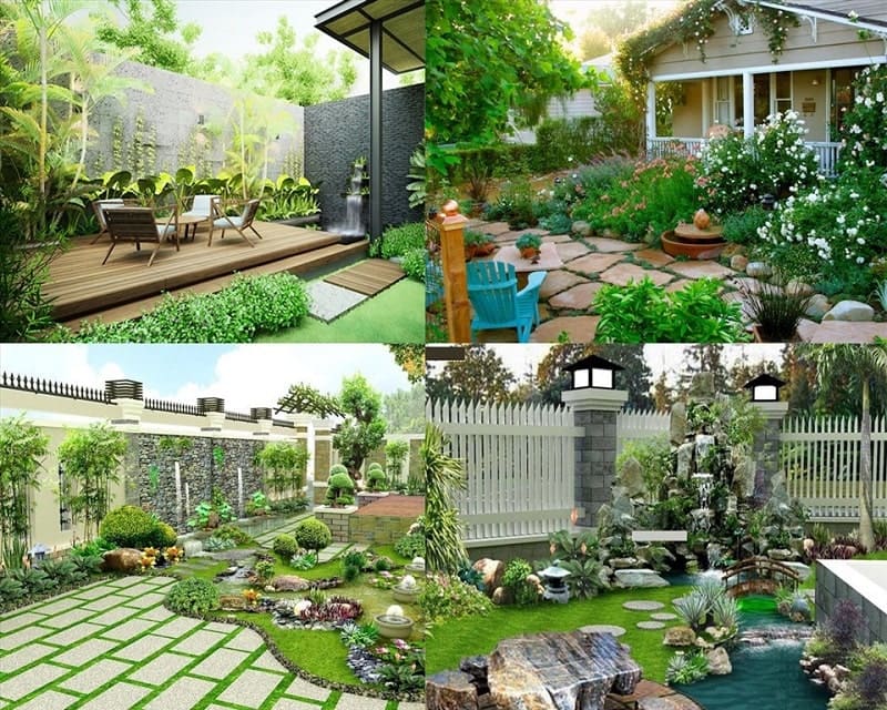 Sân vườn biệt thự sử dụng lát đá tự nhiên kết hợp cây xanh và tiểu cảnh, tạo không gian thư giãn sang trọng và gần gũi với thiên nhiên.