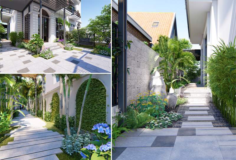 Thiết kế sân vườn hiện đại sau tư vấn thiết kế sân vườn, áp dụng cho nhà phố hẹp với lối đi lát đá, cây xanh tường đứng và không gian mở thoáng mát.
