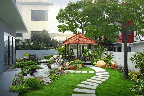 Thiết Kế Cảnh Quan Là Gì? Hiểu Đúng Trước Khi Làm Sân Vườn 3 Lối đi uốn lượn dẫn đến chòi nghỉ trong khu vườn biệt thự thiết kế cảnh quan