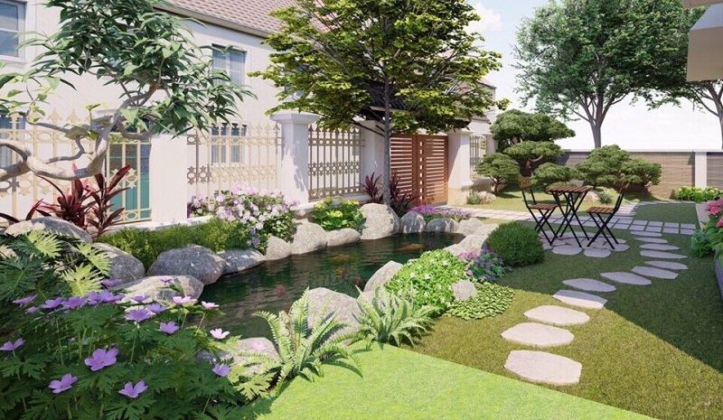 Thi Công Vườn Nhiệt Đới – Khi Mảng Xanh Không Chỉ Để Nhìn Mà Để Sống Cùng 3 Thi công vườn nhiệt đới tại biệt thự phố với hồ nước, lối đi đá và bàn trà thư giãn.