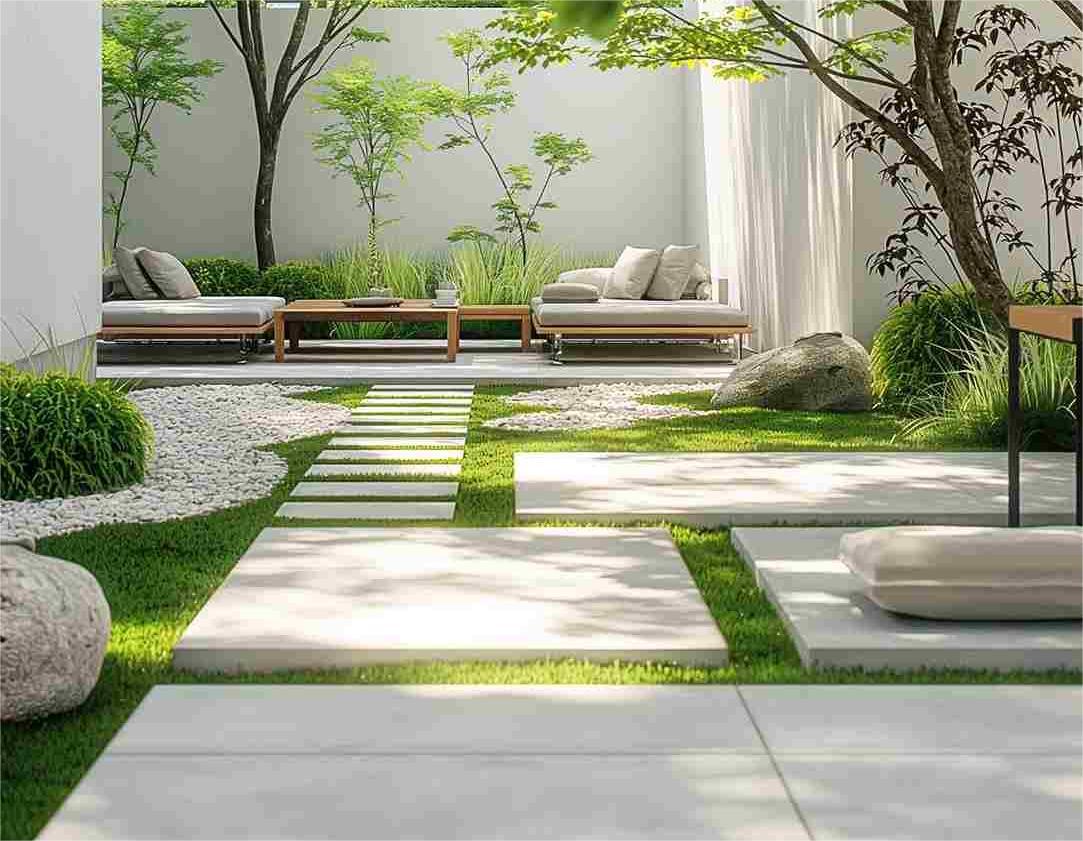 Thiết kế lối đi sân vườn tối giản với đá bước và thảm cỏ xanh.