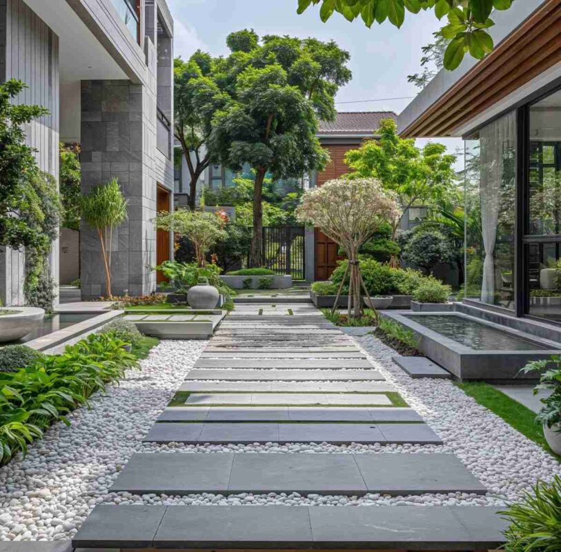 Thiết kế sân vườn đón năm mới với thác nước và cây xanh