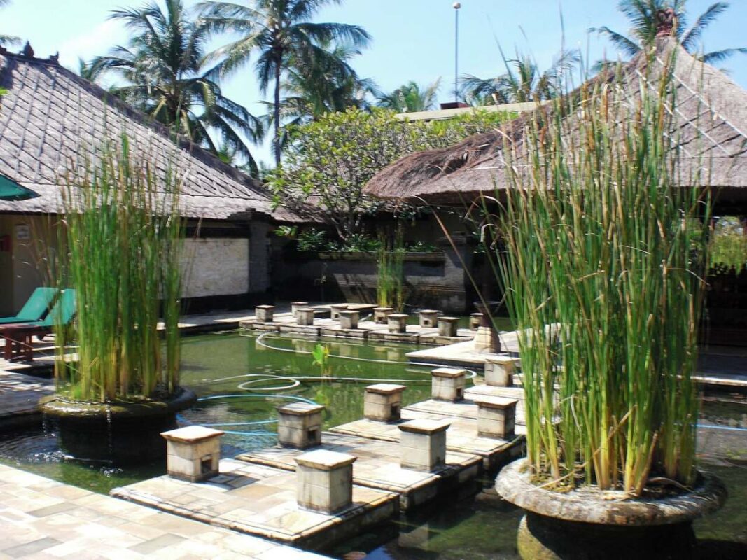Thiết Kế Sân Vườn Villa Nghỉ Dưỡng: 8 Nguyên Tắc Đẹp Như Resort 2026 1 Thiết kế sân vườn villa nghỉ dưỡng với hồ nước, cây nhiệt đới và chòi mái lá