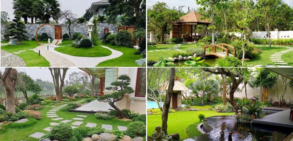 Tổng hợp mẫu vườn biệt thự sau khi được tư vấn thiết kế sân vườn, bao gồm vườn thiền, hồ cá, cầu gỗ và không gian cây bonsai tạo chiều sâu phong cách sống.
