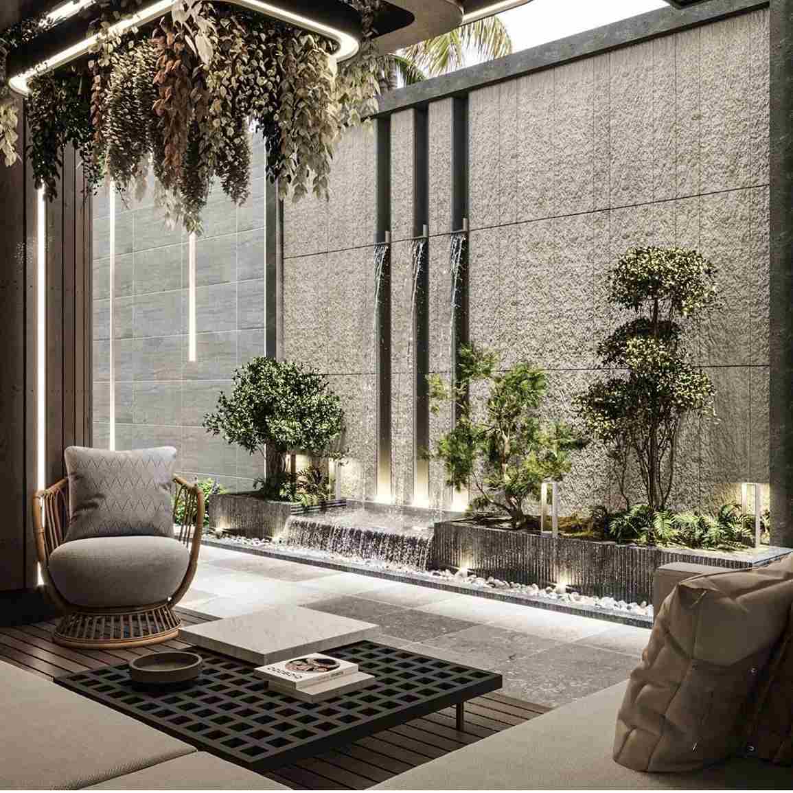 Thiết kế vườn thiền với thác nước tường đá tạo cảnh quan vườn thiền yên tĩnh