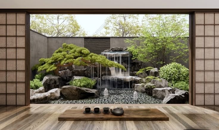 Thiết kế vườn thiền với thác nước, đá cuội và bonsai xanh mát