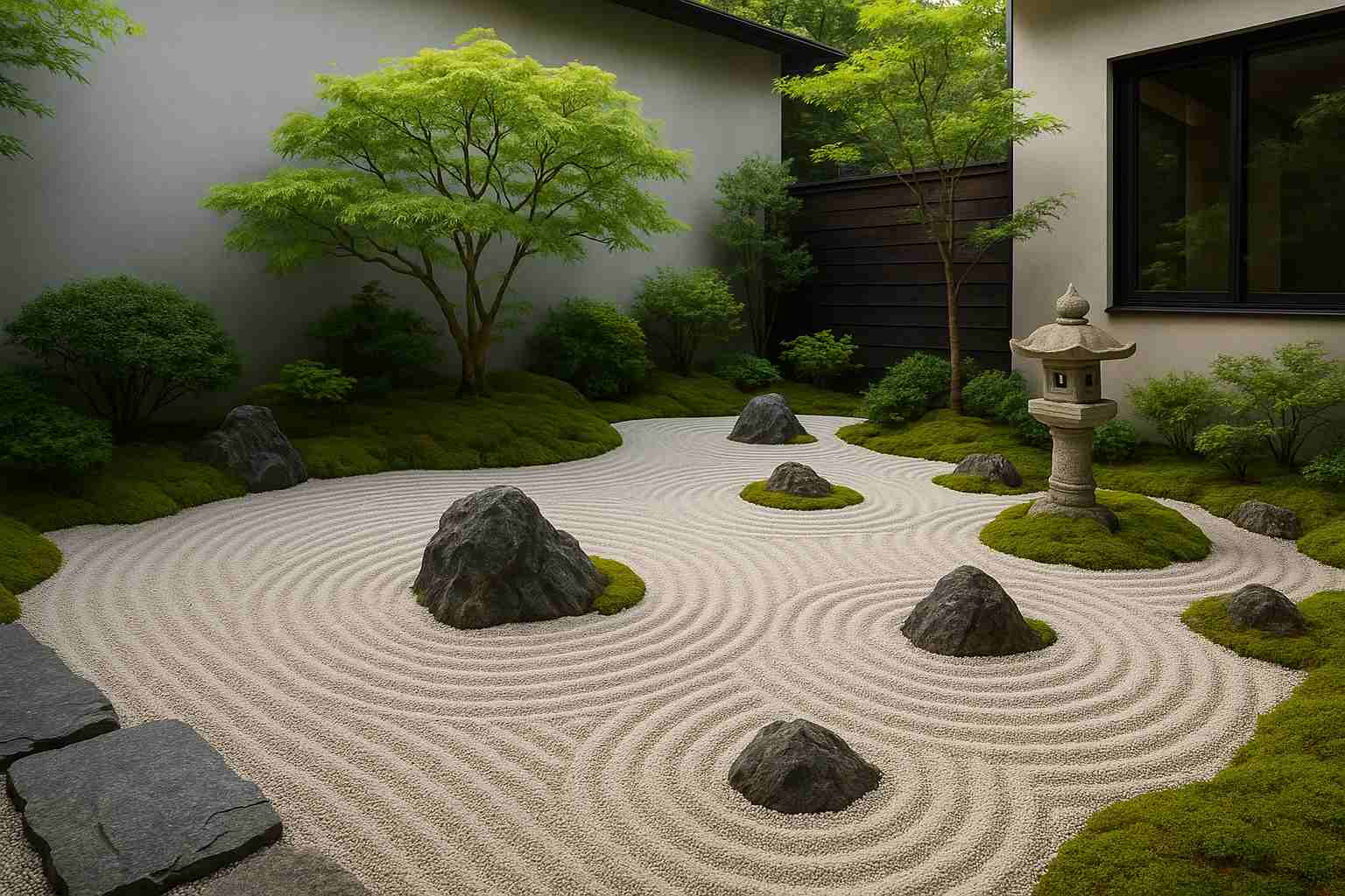 Thiết kế vườn thiền xanh mát với đá, rêu và cảnh quan vườn thiền truyền thống