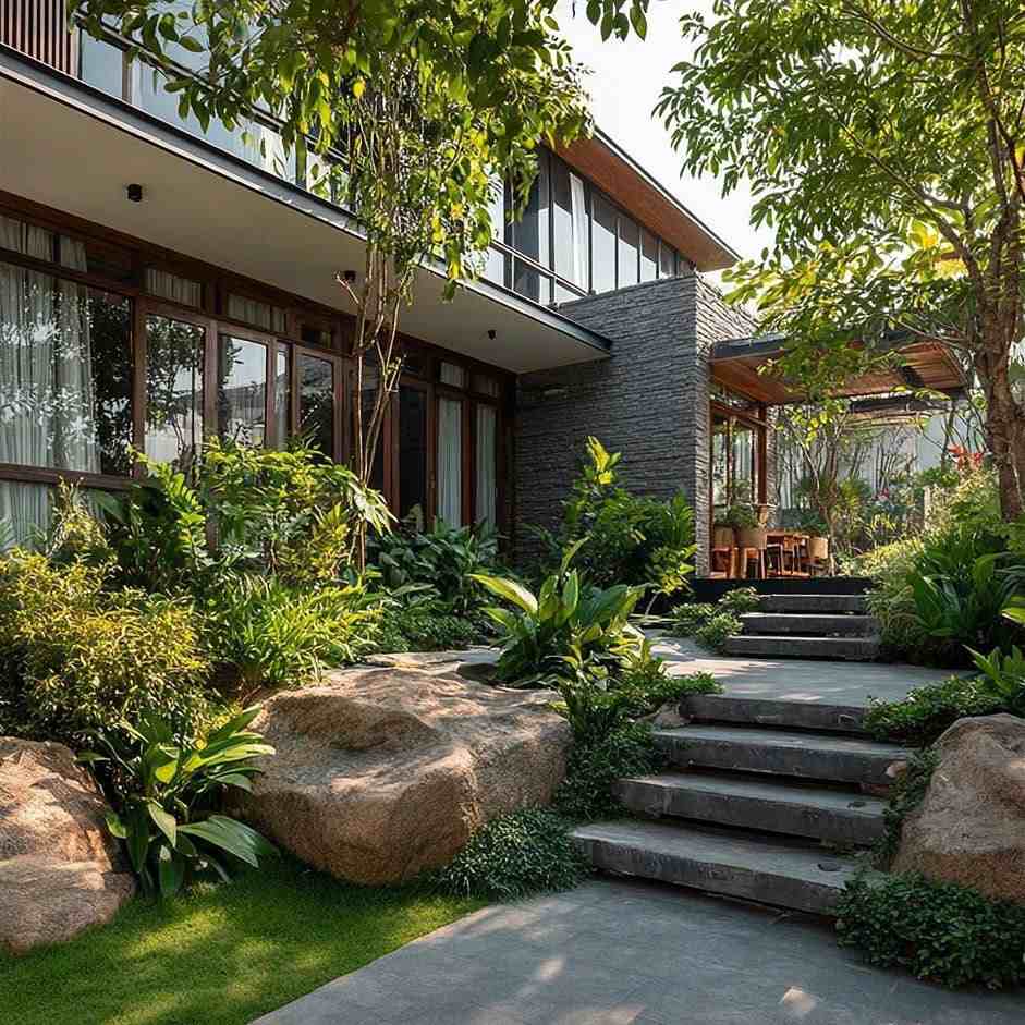 Tối ưu sân vườn nhỏ với lối đi bậc đá giữa cây xanh