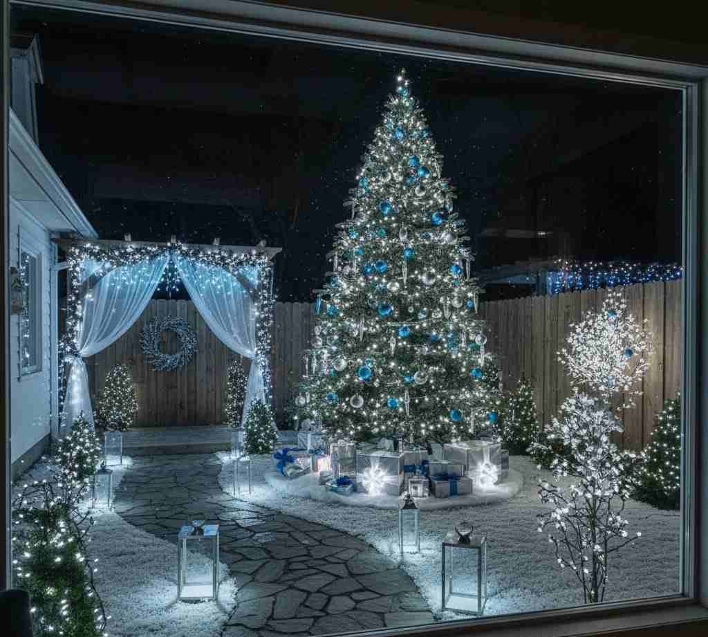 Trang trí sân vườn đón Noel phong cách trắng xanh sang trọng