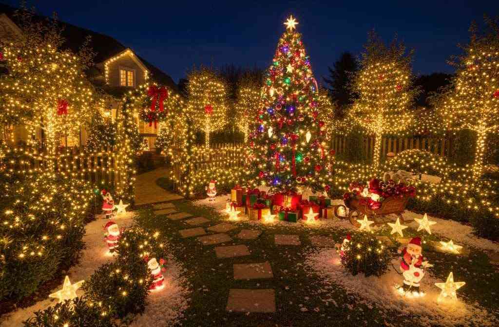 Cảnh quan sân vườn đón Noel rực rỡ ánh đèn vàng ấm áp