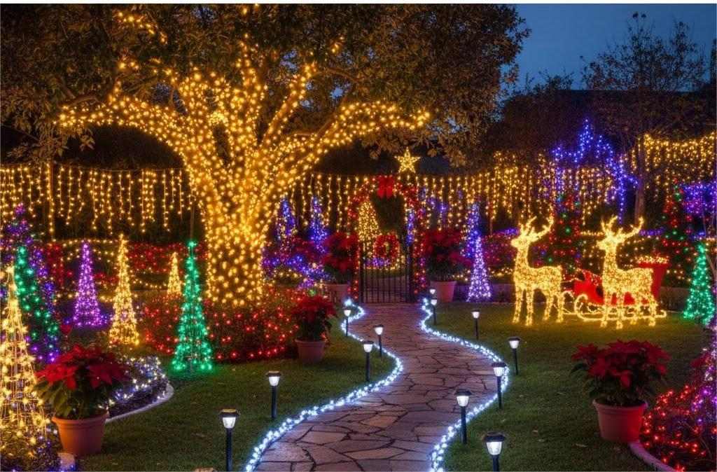 Ánh sáng sân vườn lễ hội nhiều màu sắc cho Giáng Sinh