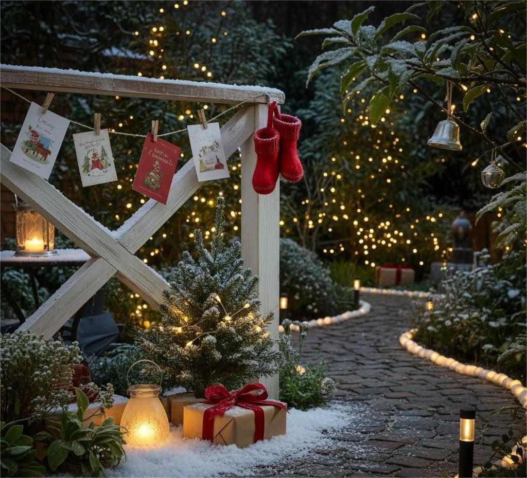 Góc sân vườn trang trí Noel ấm áp với đèn vàng và cây nhỏ