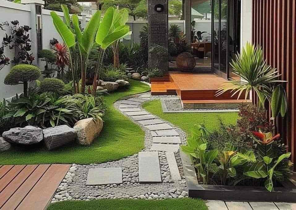 Lối đi sân vườn biệt thự lát đá kết hợp cỏ và sỏi trang trí cảnh quan