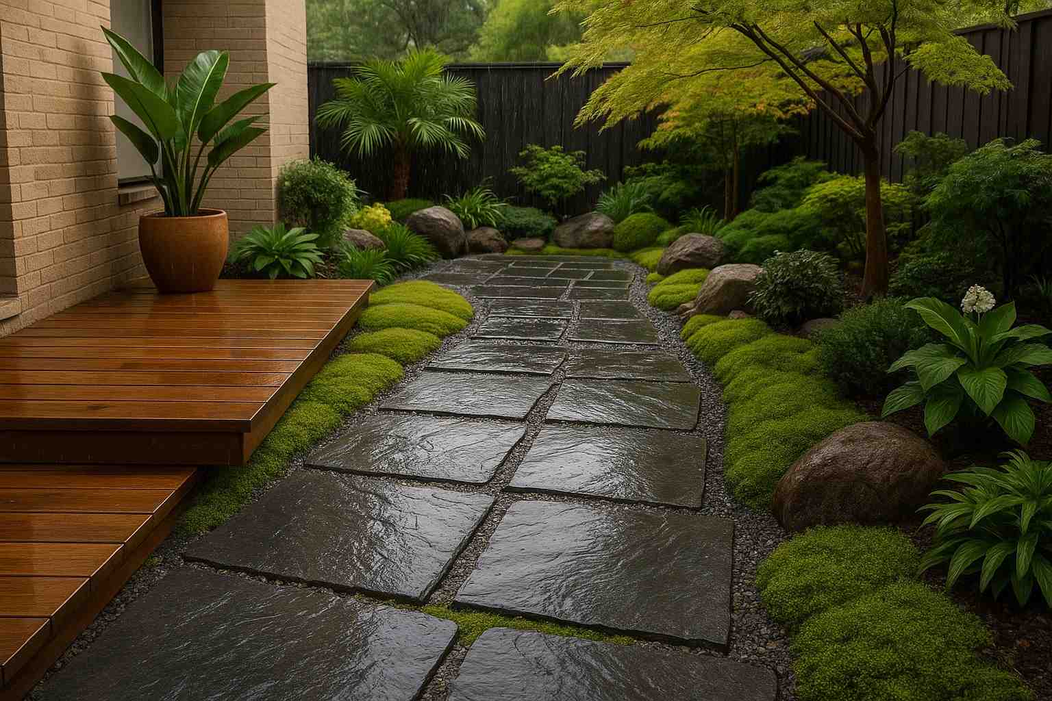 Vật liệu lát sân vườn mùa mưa chống trơn hiệu quả