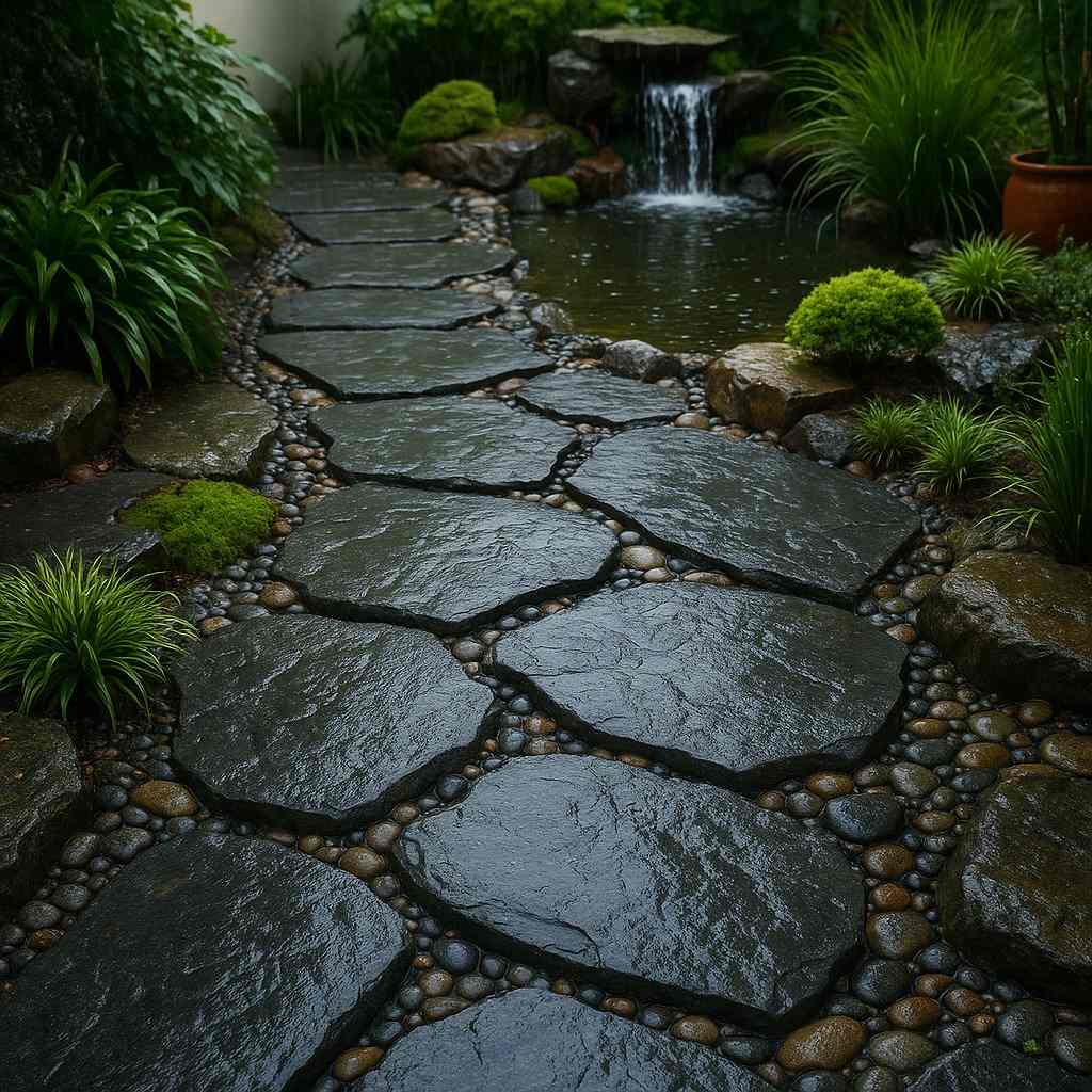 Vật liệu lát sân vườn mùa mưa kết hợp hồ nước và đá cuội