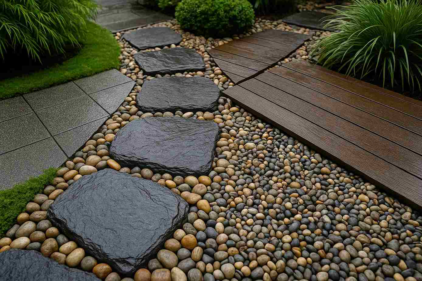 Vật liệu lát sân vườn mùa mưa phối đá và gỗ ngoài trời
