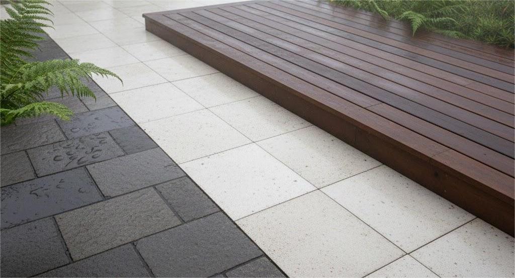 Vật liệu ngoài trời chống trơn kết hợp sàn gỗ và đá lát