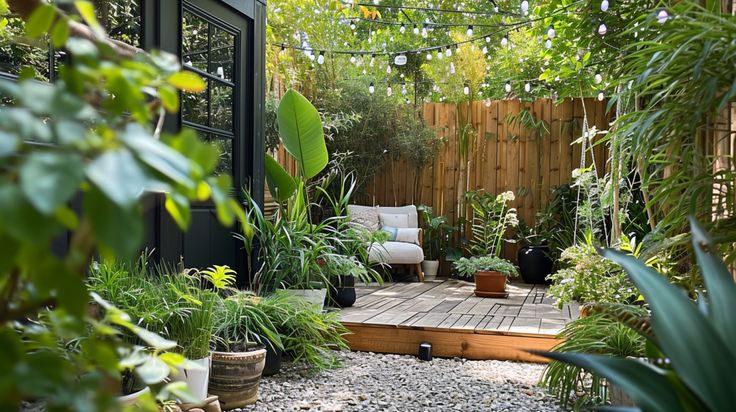 Cây Bóng Mát Cho Biệt Thự: 7 Lựa Chọn Từ Các Loại Cây Nhiệt Đới 4 Sân vườn biệt thự nhỏ với bố cục 3 tầng cây bóng mát, ánh sáng đèn dây và góc thư giãn ngoài trời