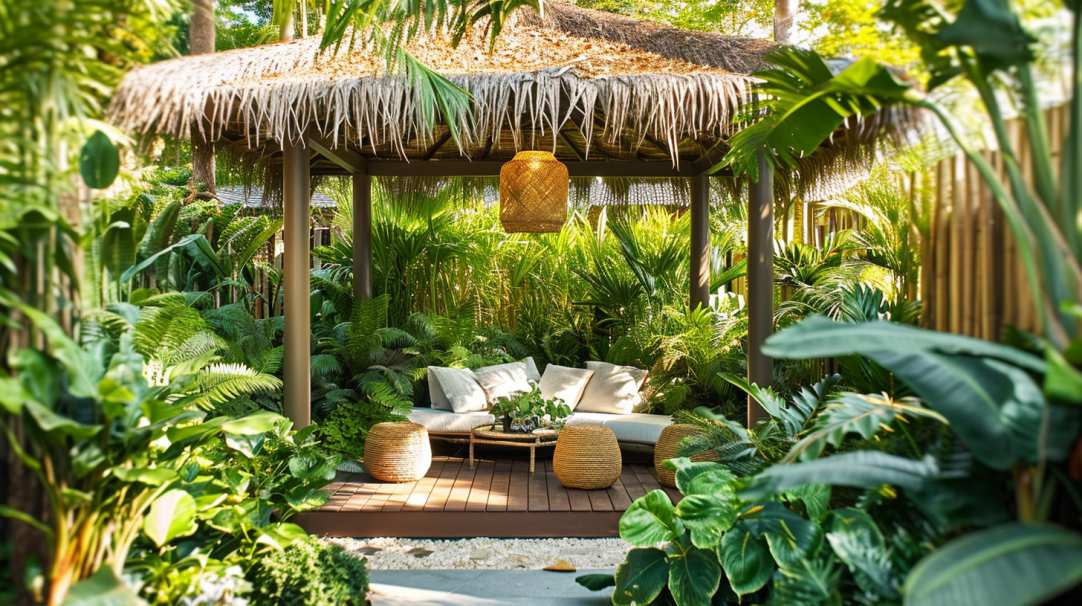 Sân Vườn Biệt Thự Nhiệt Đới: Bí Quyết Biến Nhà Phố Thành Resort Tại Gia 3 Chòi nghỉ mái lá giữa sân vườn biệt thự nhiệt đới với cây xanh bao quanh và nội thất mộc mạc.