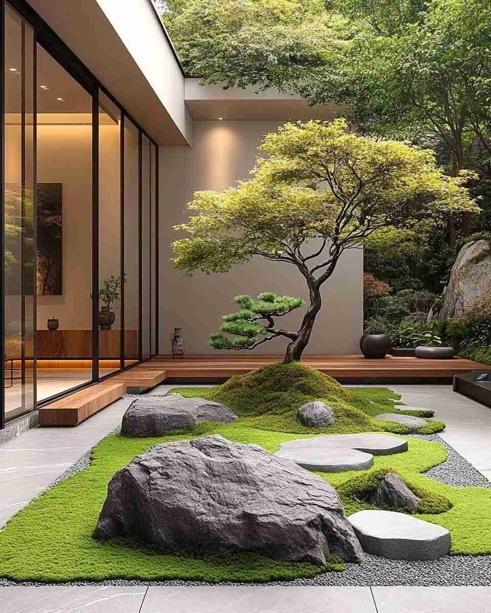Vườn Tối Giản - Nghệ Thuật Sống Giữa Không Gian Đương Đại 3 Vườn tối giản với cây bonsai và đá cảnh độc đáo