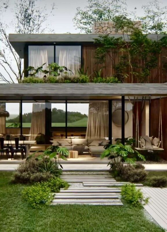 Vườn tropical biệt thự với thảm xanh và cây nhiệt đới