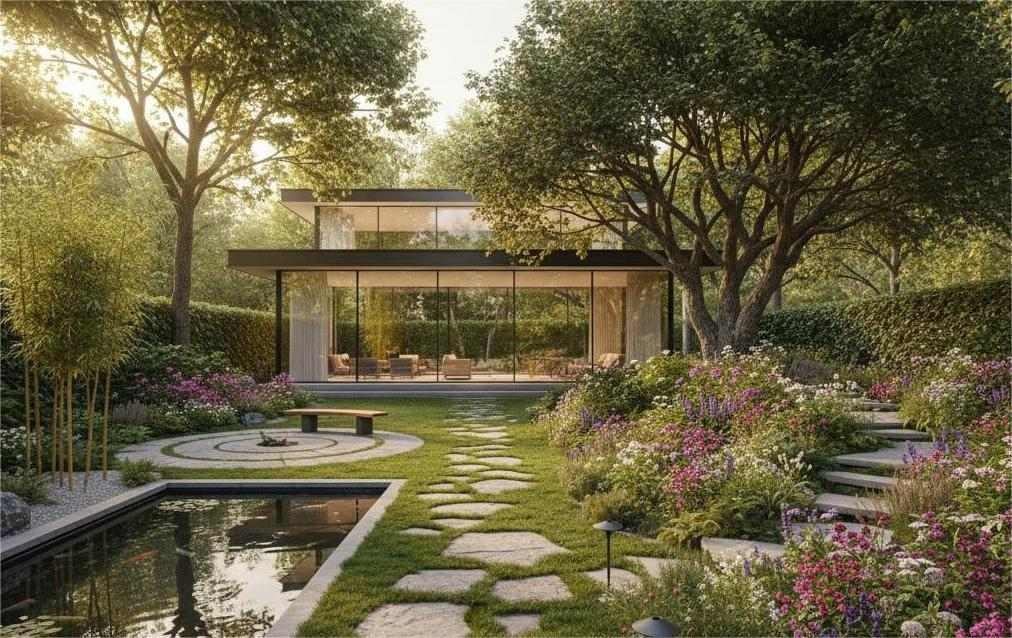 Xu hướng cảnh quan biệt thự xanh 2026 kết hợp hồ nước và vườn hoa