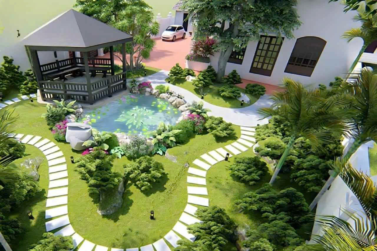 Thiết Kế Cảnh Quan Á Đông: Tạo Không Gian Sống Biết Thở, Biết Nghe 4 Cảnh quan Á Đông với hồ nước, chòi nghỉ, lối đi lát đá và cây bonsai.