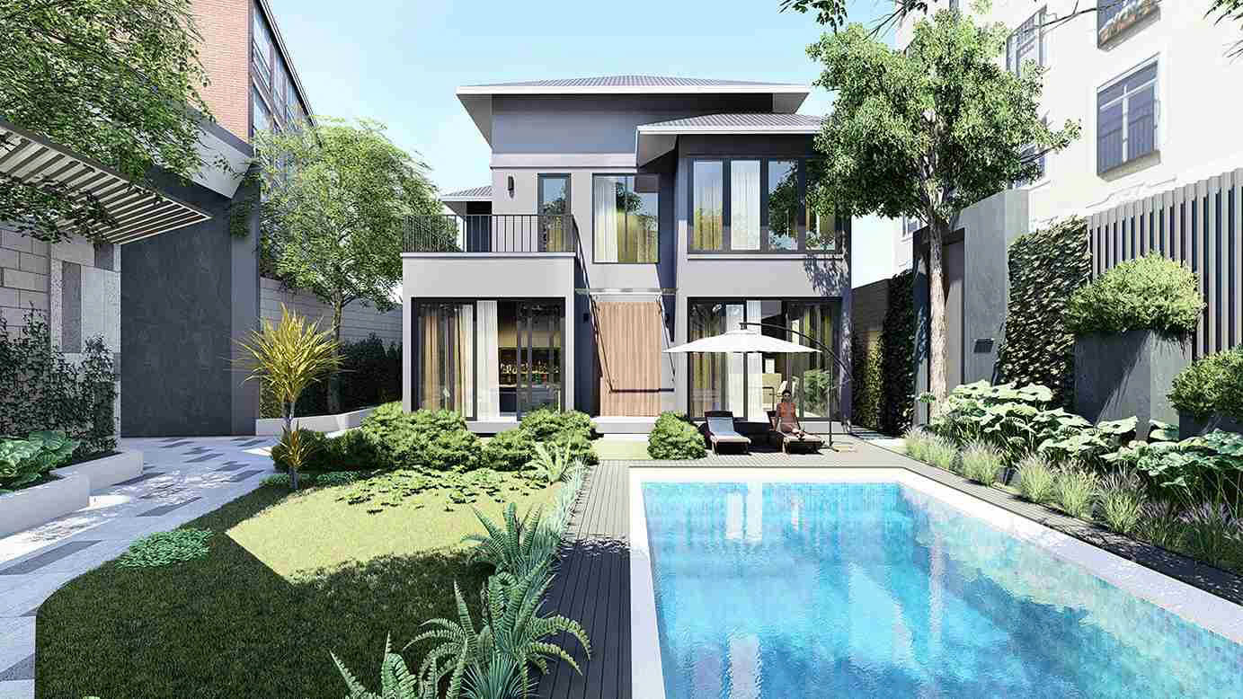 Cảnh quan Á Đông với hồ nước tự nhiên, cây xanh và đường dạo uốn lượn trong sân vườn biệt thự.